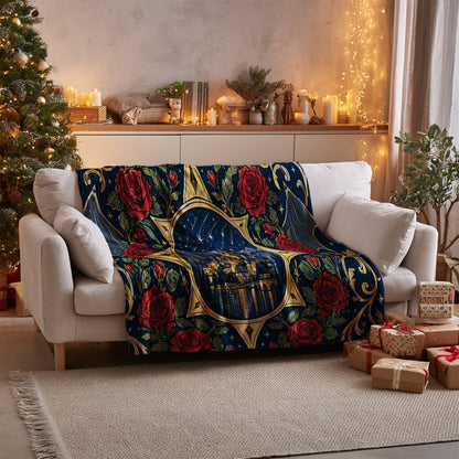 To The Stars Who Listen Rose Crest Velveteen Plush Blanket on a sofa