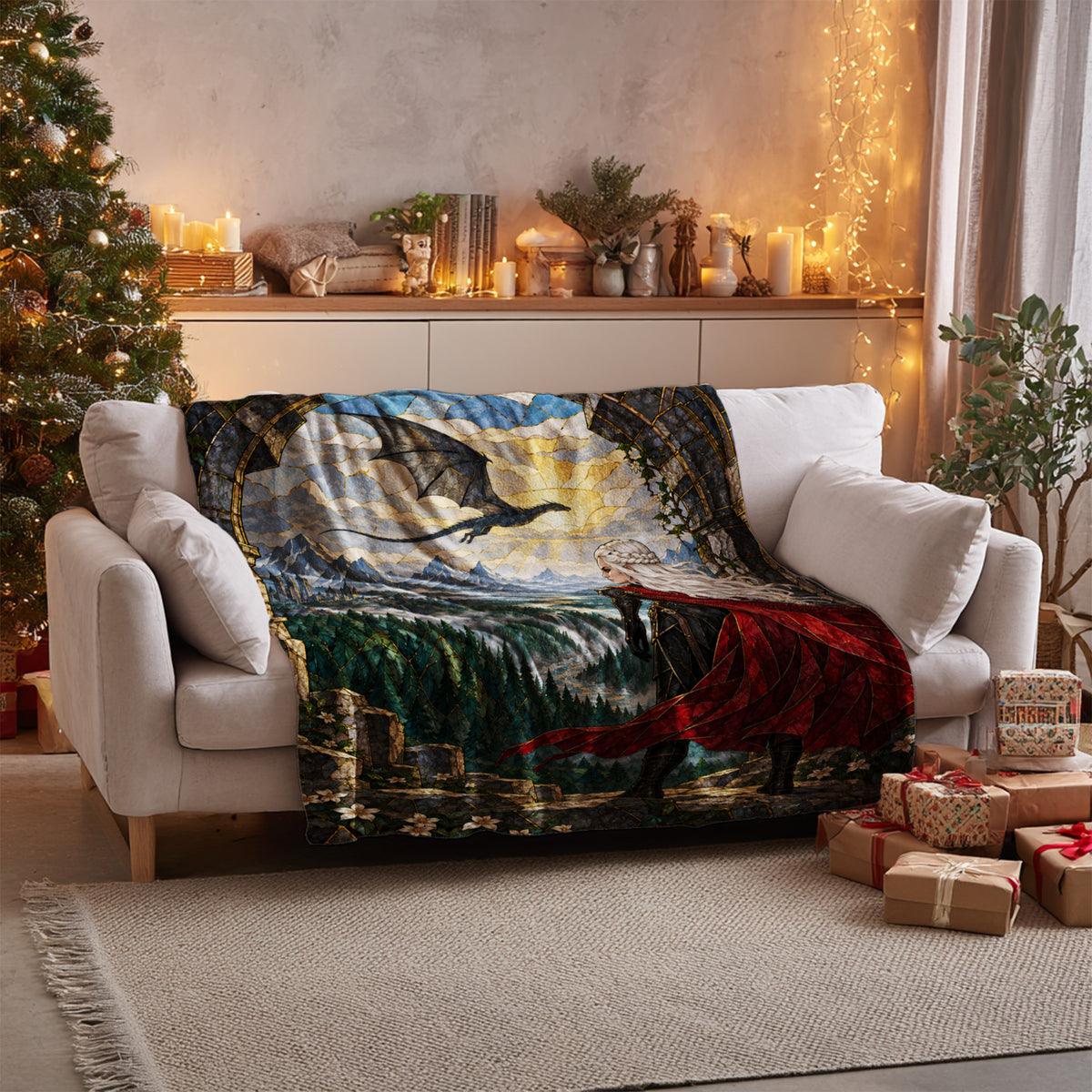 Wyvern at the Mountain Pass Velveteen Plush Blanket on a sofa