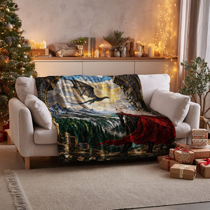Wyvern at the Mountain Pass Velveteen Plush Blanket on a sofa