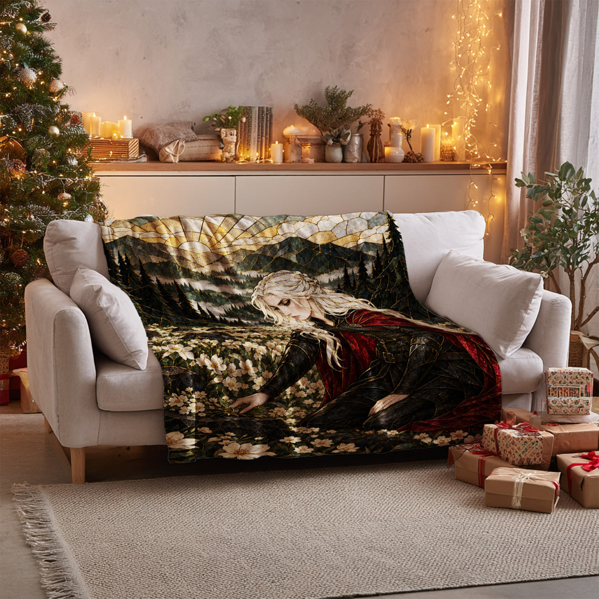 Flowers for the Fallen Velveteen Plush Blanket on a sofa