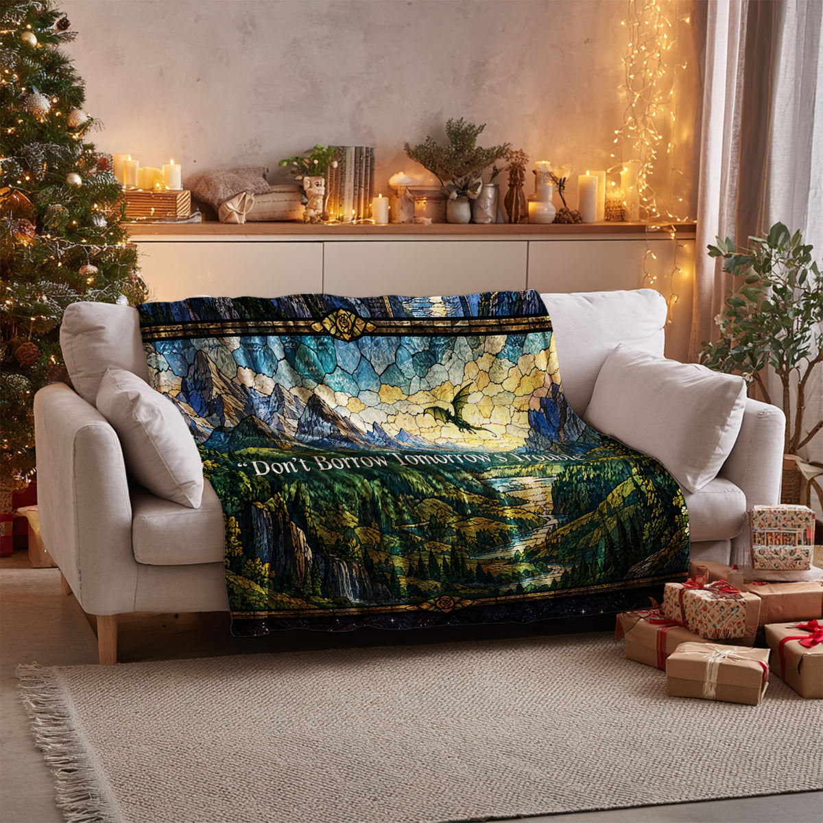 Empyrean Stained Glass Velveteen Plush Blanket on a sofa