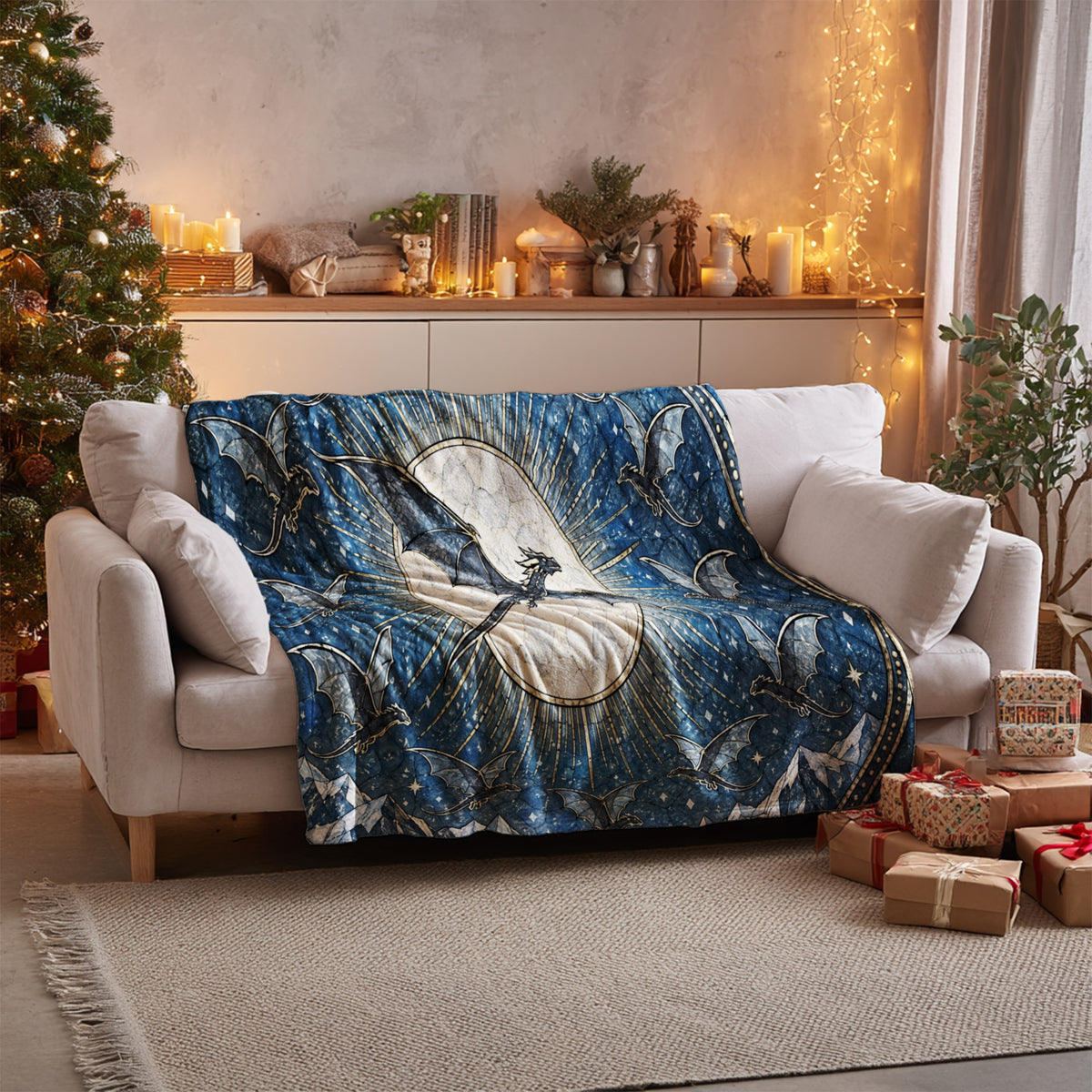 The Thirteen Stained Glass Velveteen Plush Blanket on a sofa