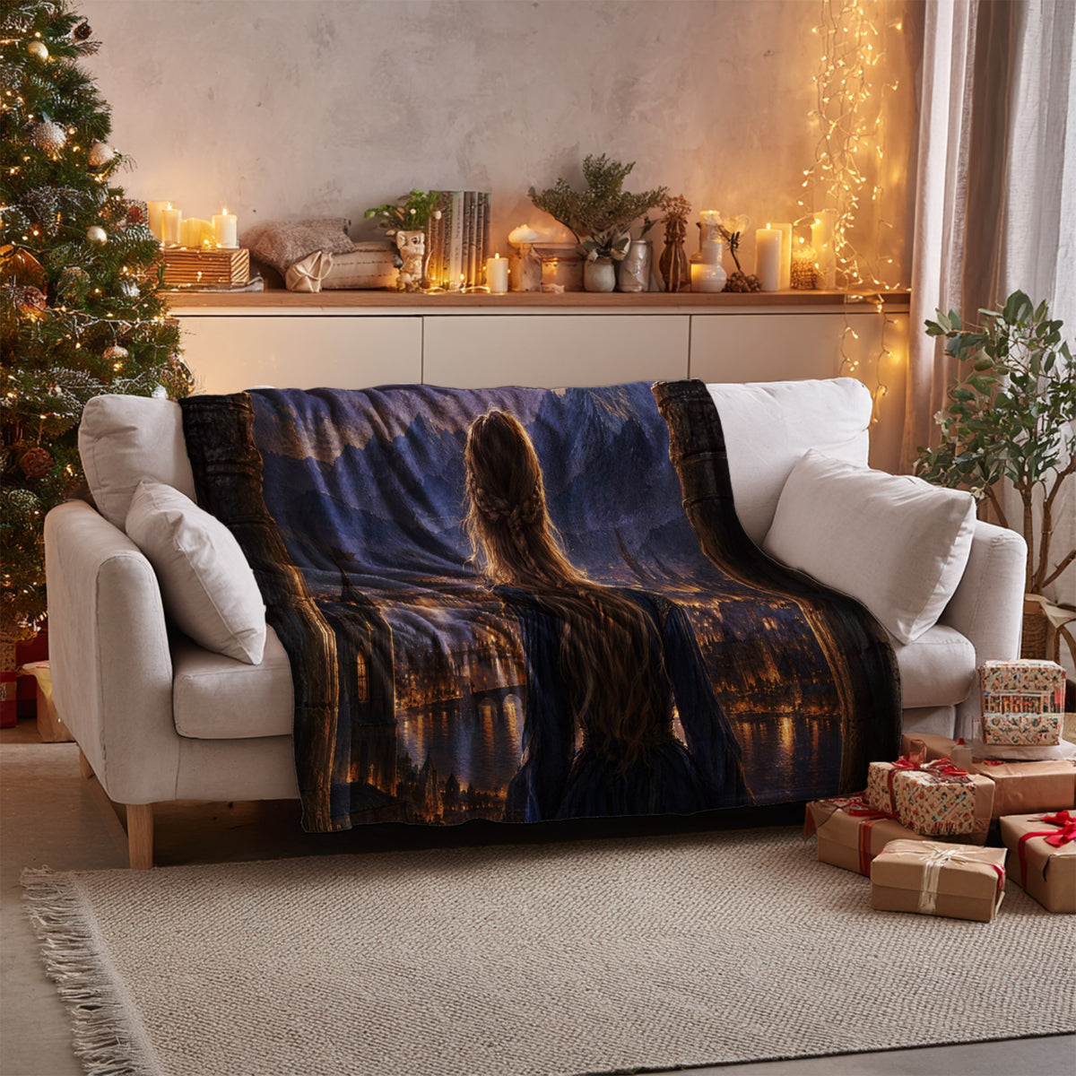 Feyre over Velaris Velveteen Plush Blanket on a sofa