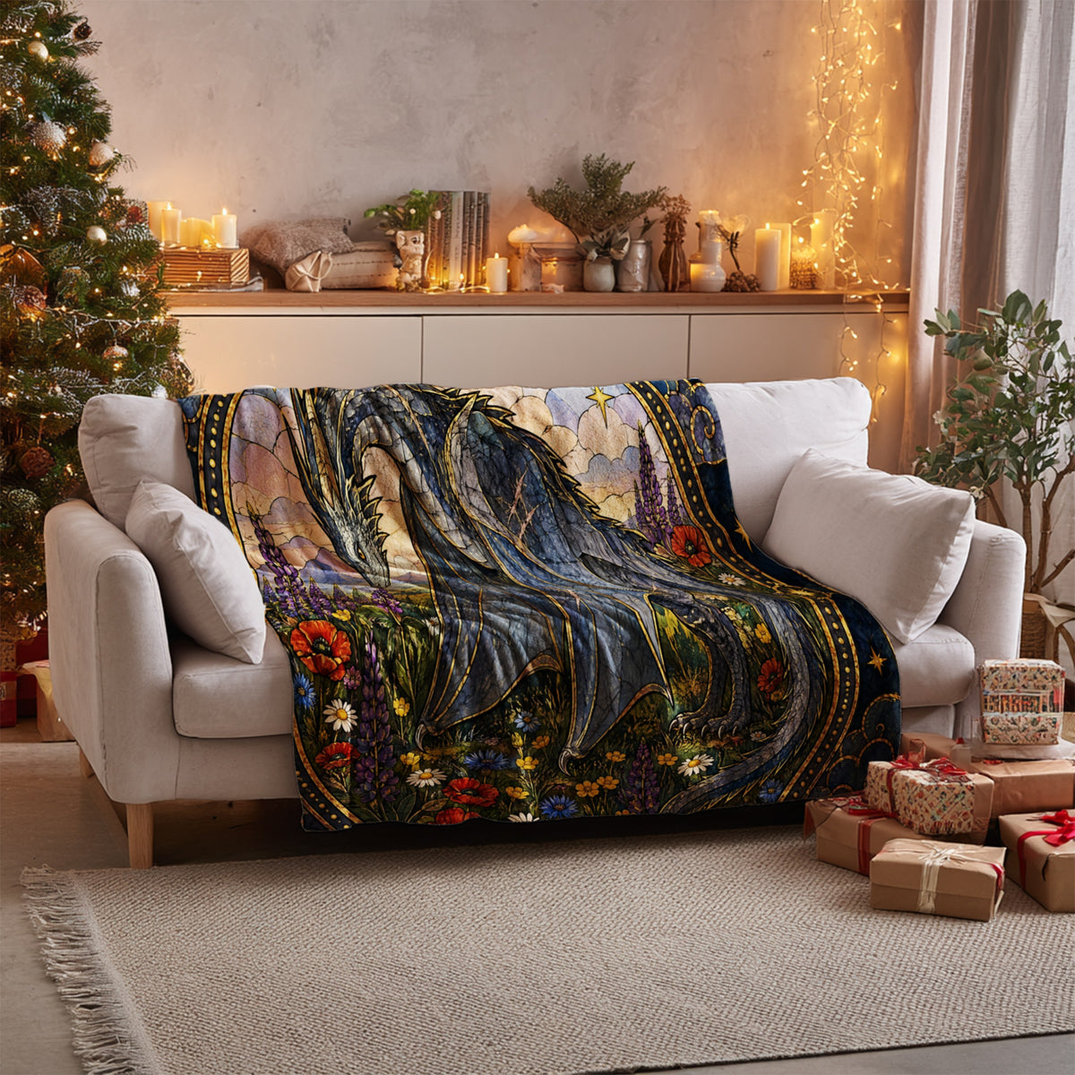 Abraxos in Bloom Stained Glass Velveteen Plush Blanket on a sofa