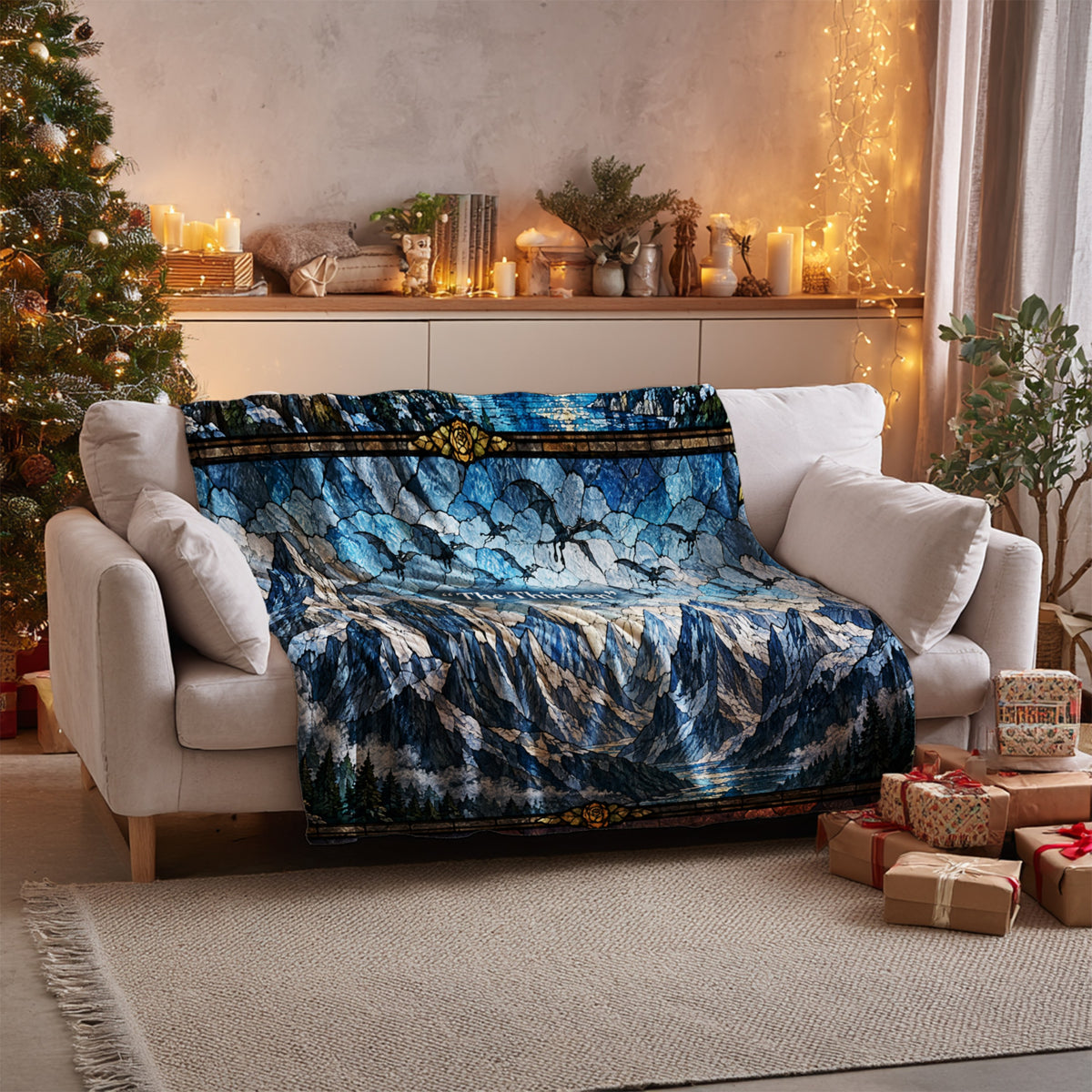 Terrasen Stained Glass Velveteen Plush Blanket on a sofa