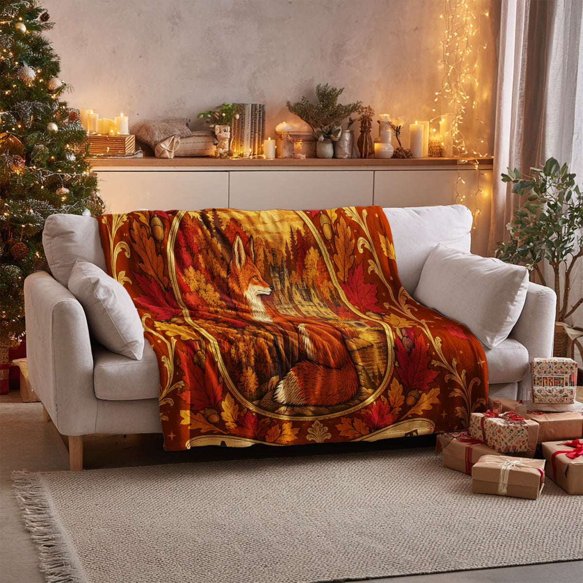 Autumn Court Fox Crest Velveteen Plush Blanket on a sofa