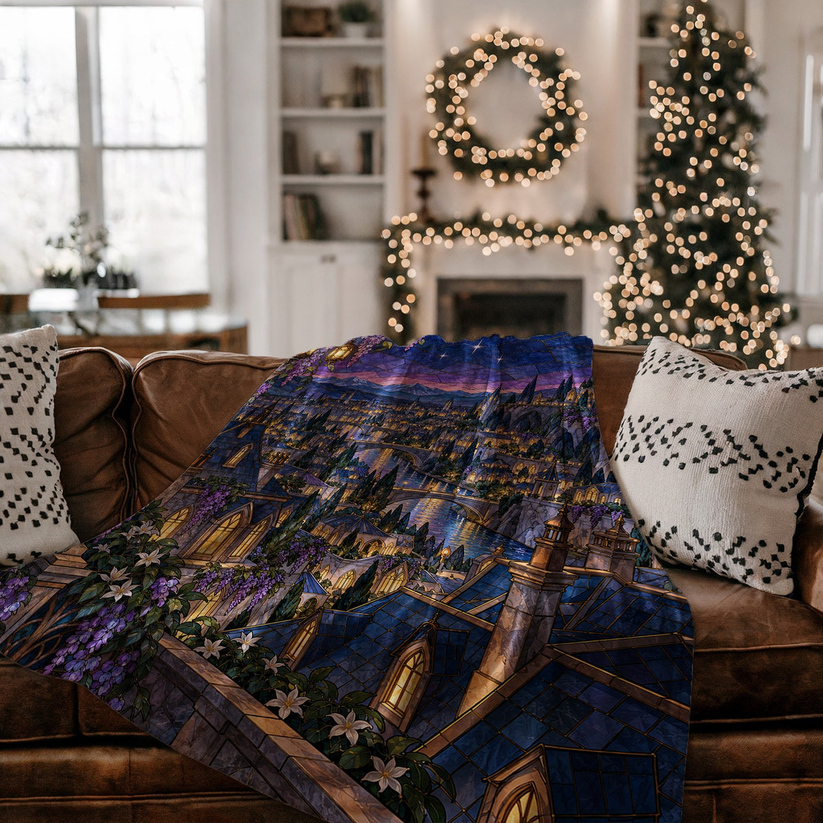 Velaris Rooftop Velveteen Plush Blanket on a couch