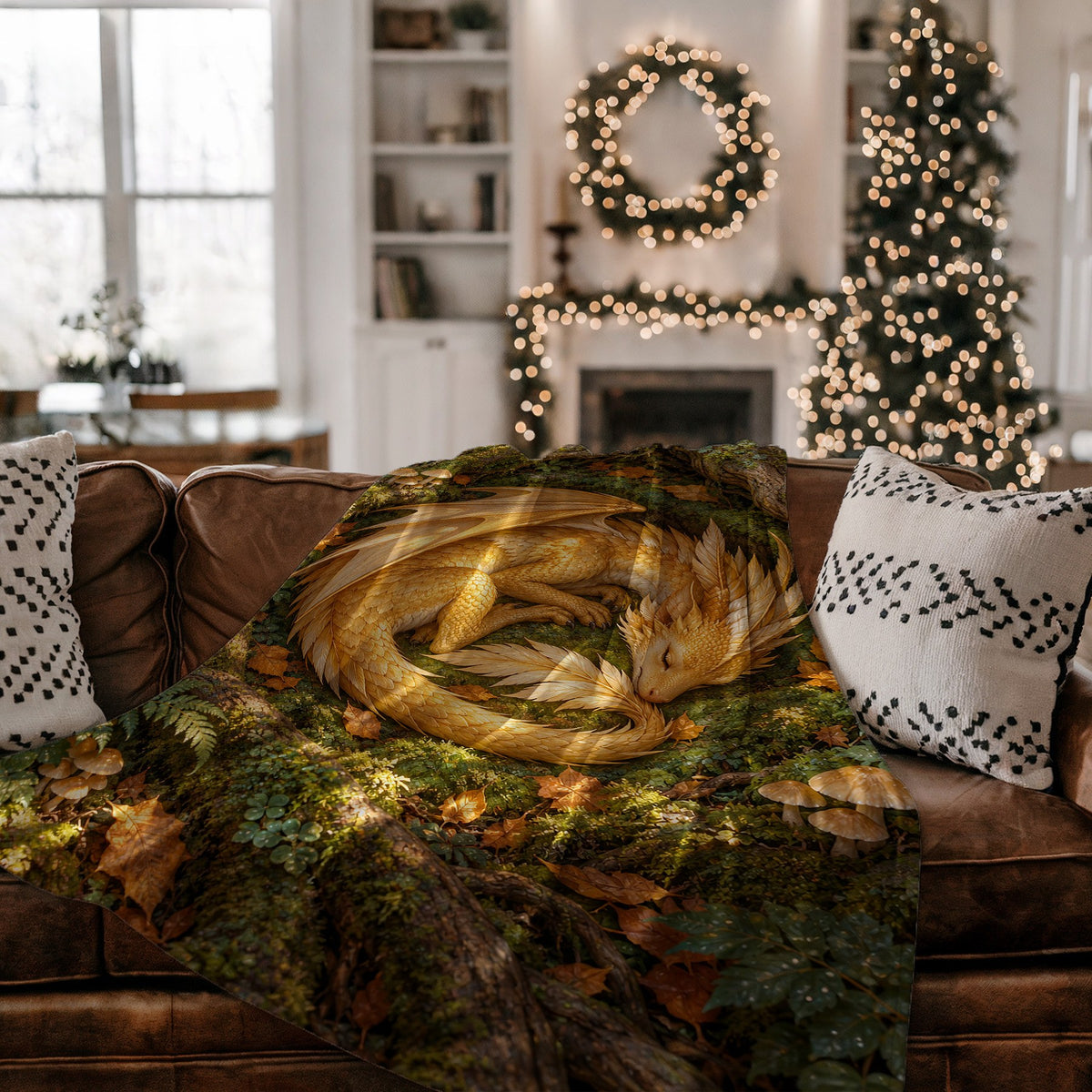 Golden Dragon Velveteen Plush Blanket on a couch