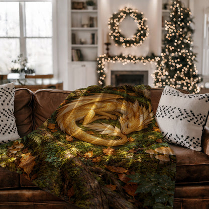 Golden Dragon Velveteen Plush Blanket on a couch