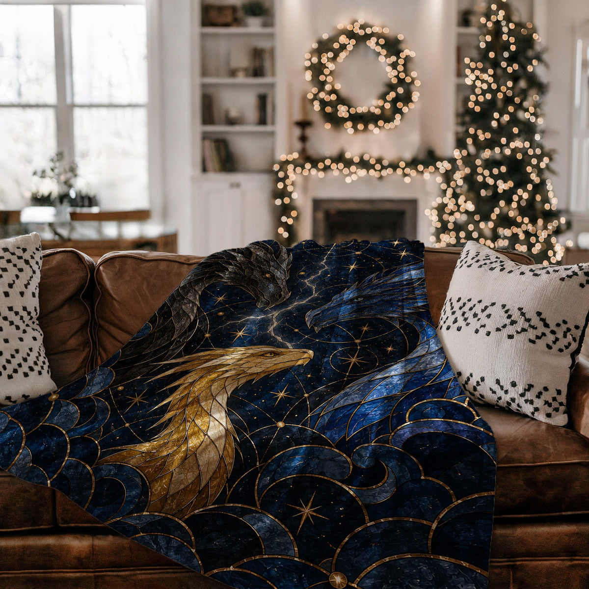 Dragon Bond Velveteen Plush Blanket on a couch