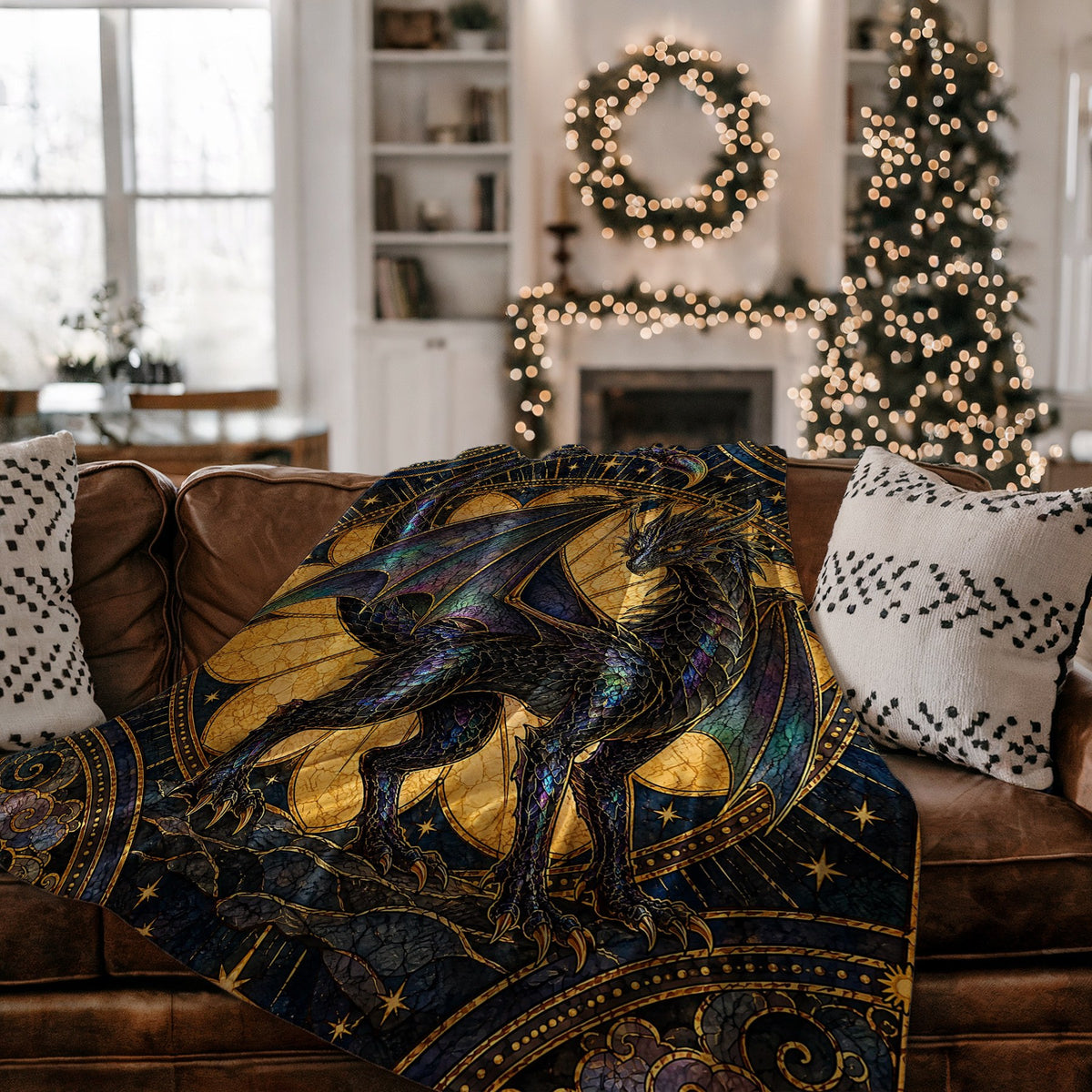 Andarna's Colors Stained Glass Velveteen Plush Blanket on a couch