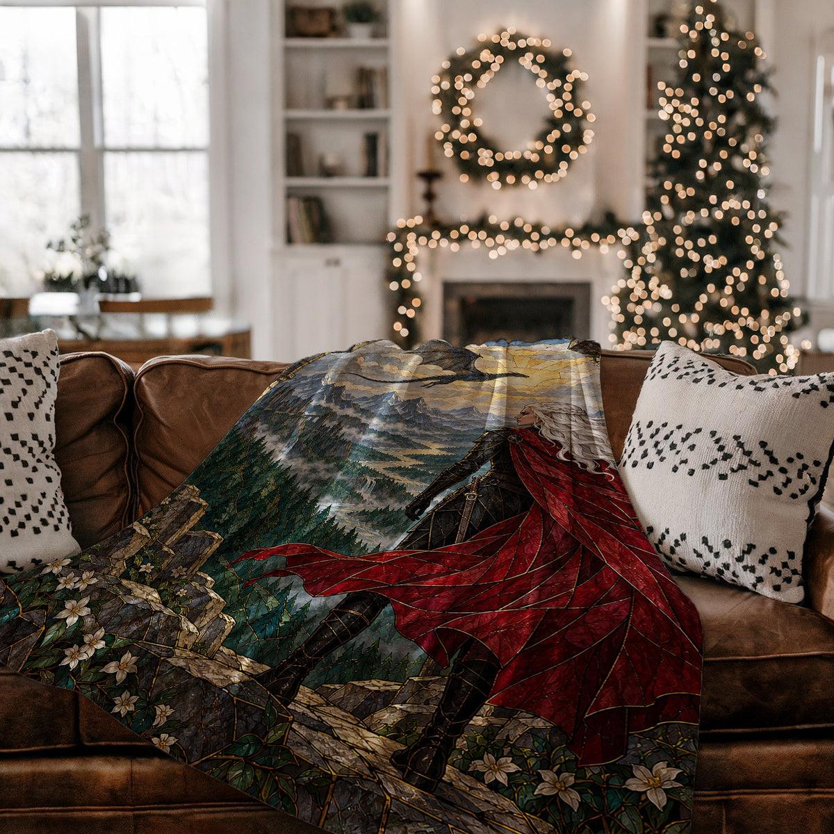 Wyvern at the Mountain Pass Velveteen Plush Blanket on a couch
