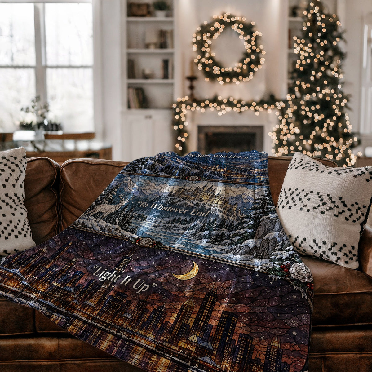 Winter Maasverse Stained Glass Velveteen Plush Blanket on a couch