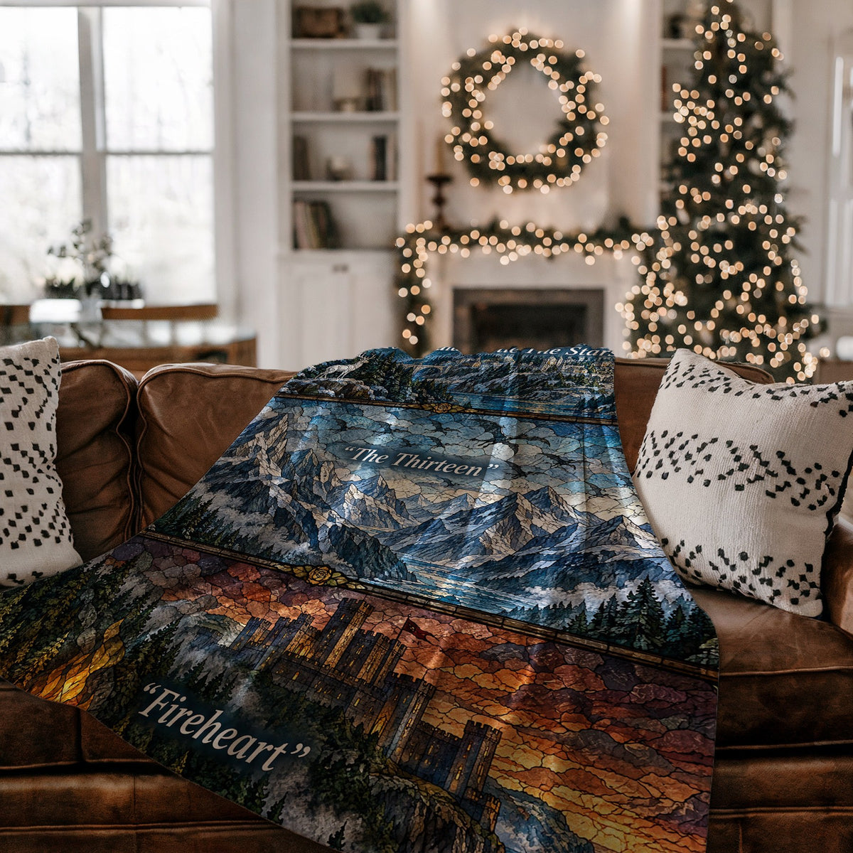 Terrasen Stained Glass Velveteen Plush Blanket on a couch