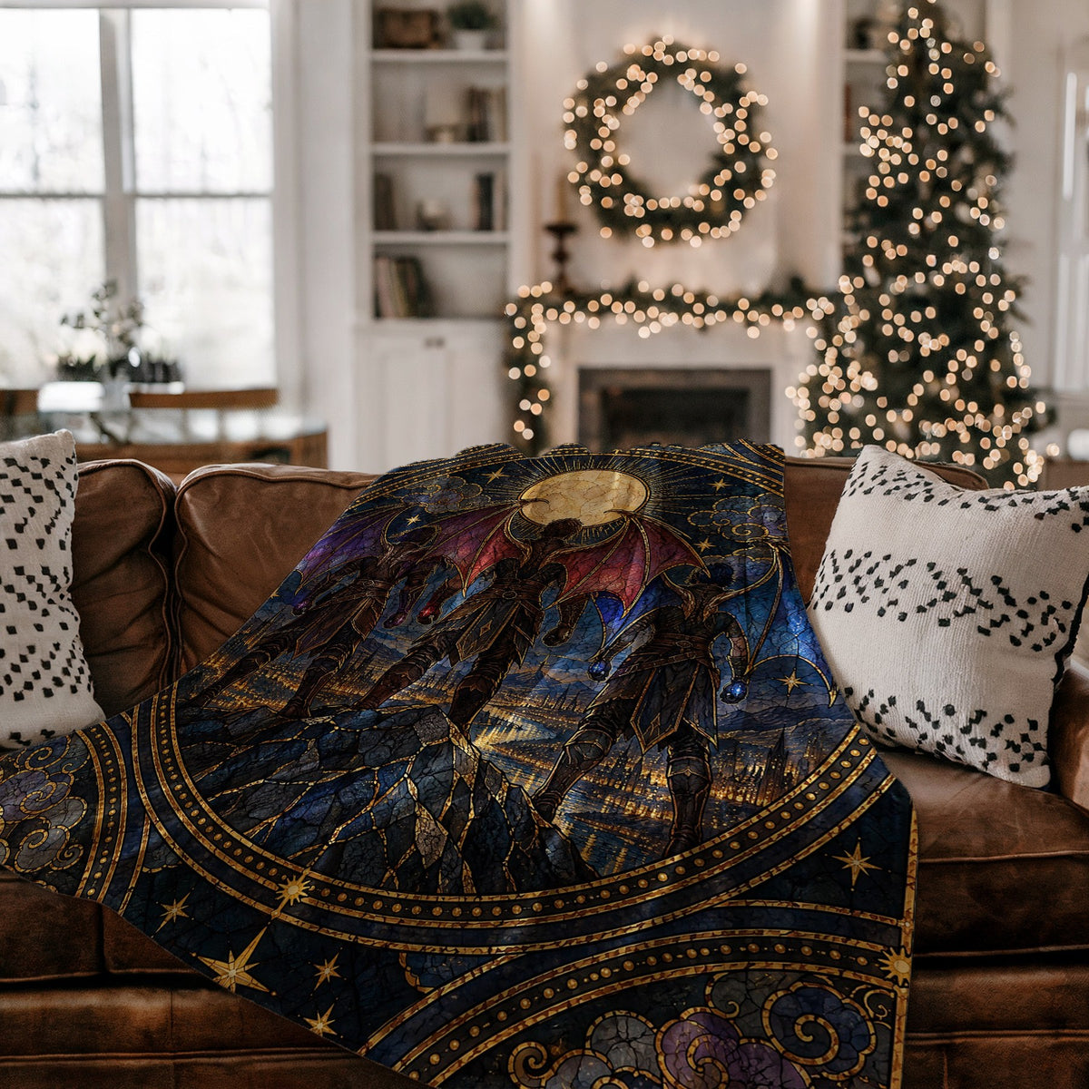 Illyrian Trio Stained Glass Velveteen Plush Blanket on a couch