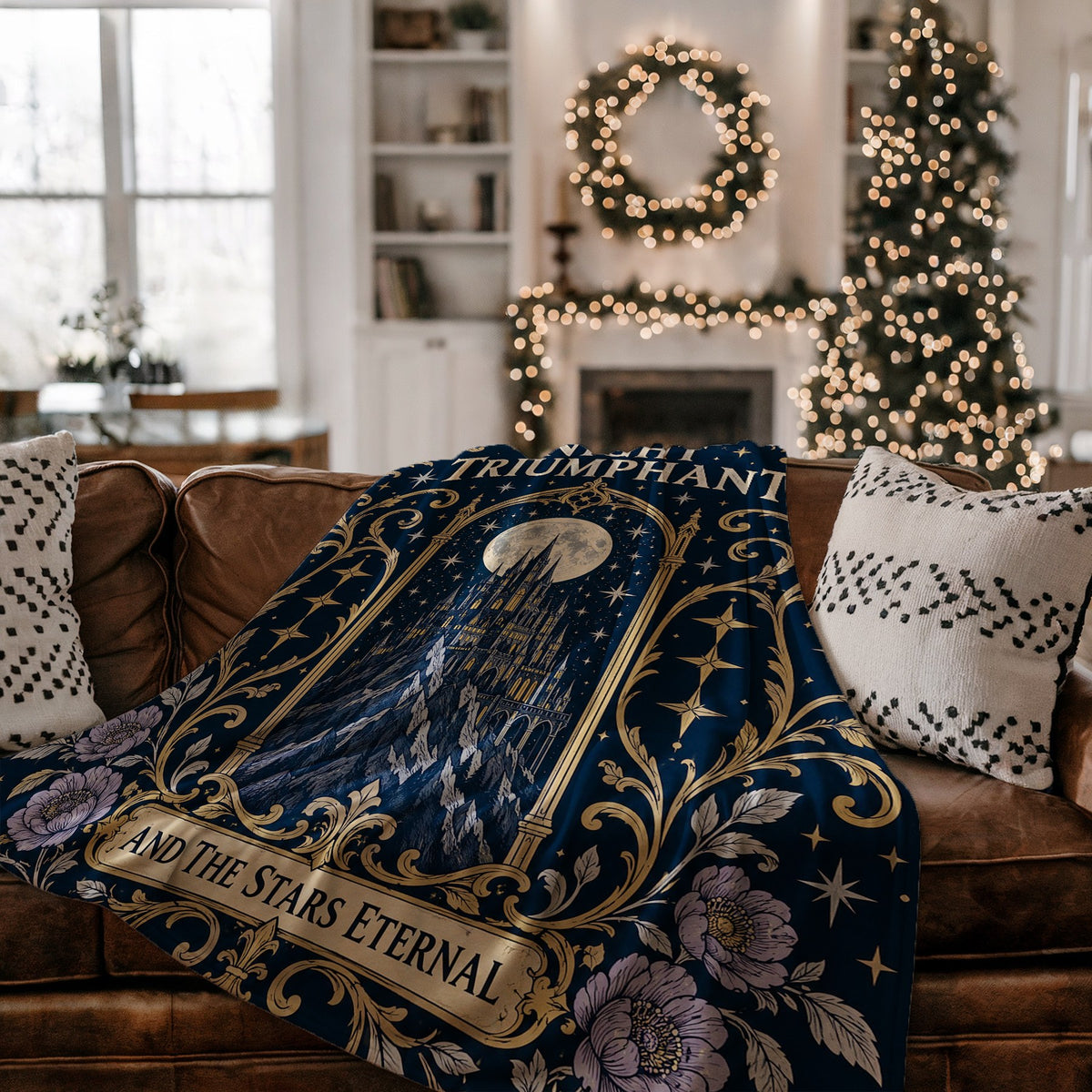 Night Triumphant Crest Velveteen Plush Blanket on a couch
