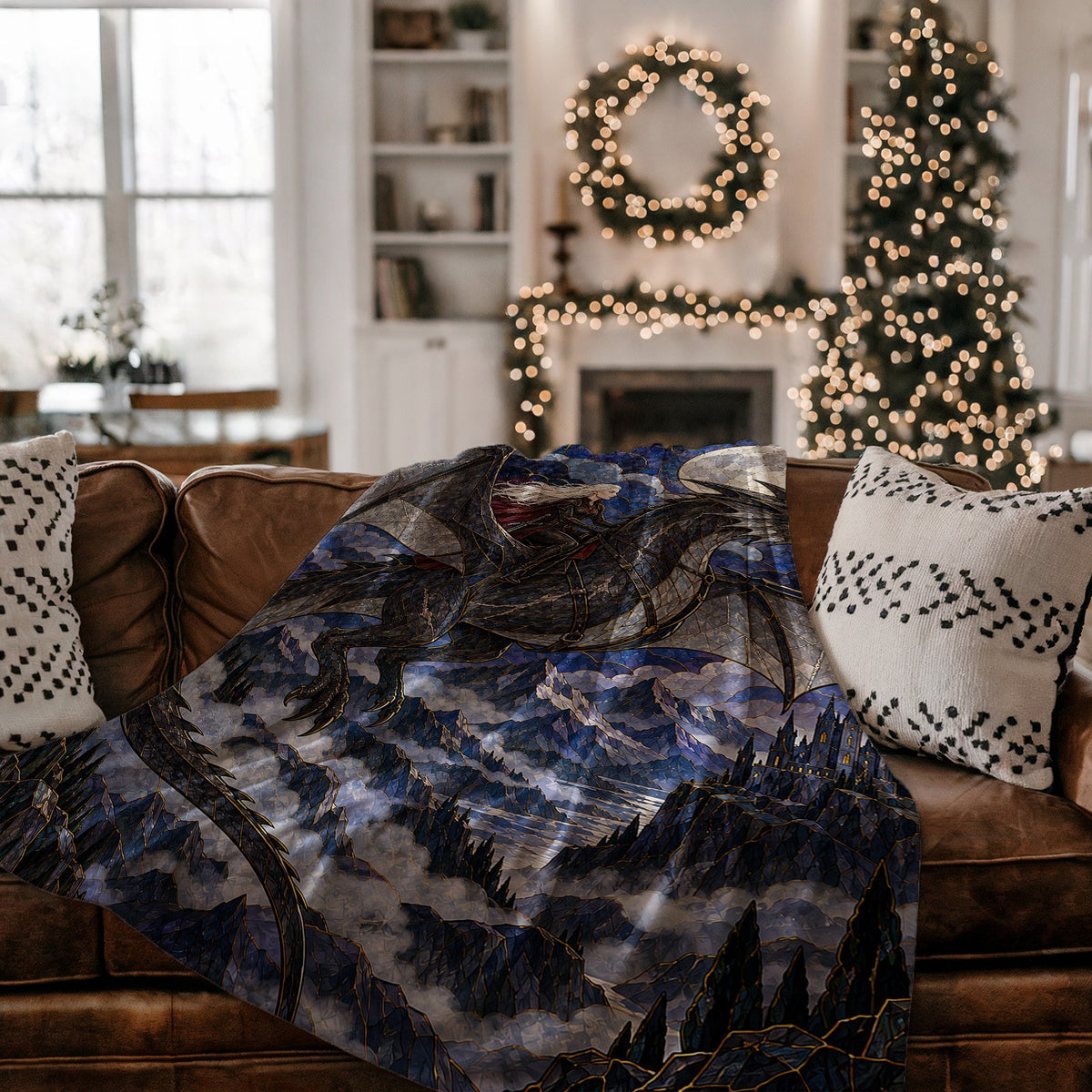 Above the Storm Velveteen Plush Blanket on a couch