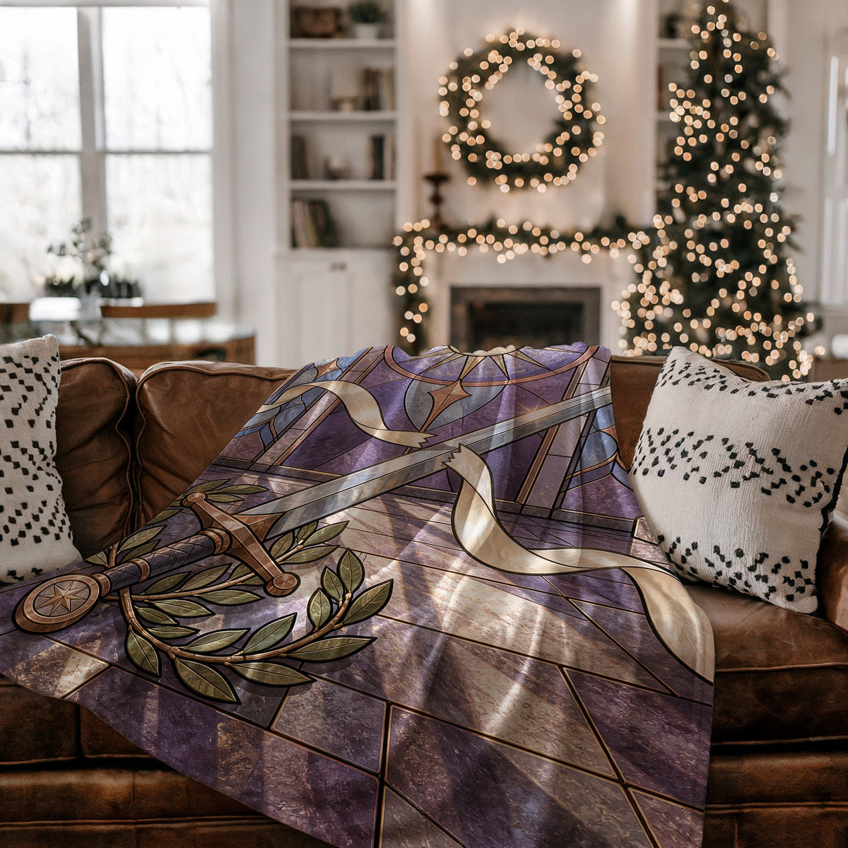 Radiant Blade Velveteen Plush Blanket on a couch