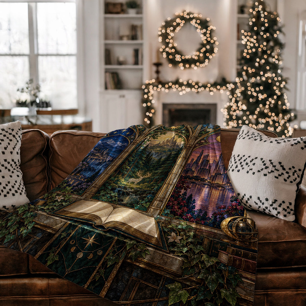 Maasverse Realms Velveteen Plush Blanket on a couch