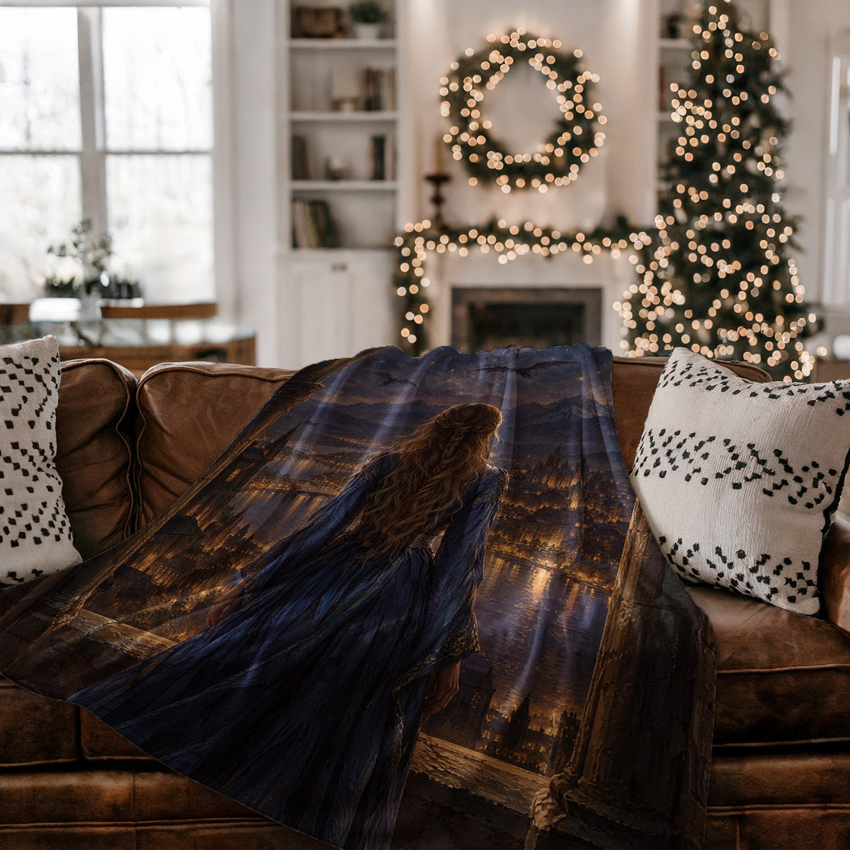 Feyre over Velaris Velveteen Plush Blanket on a couch