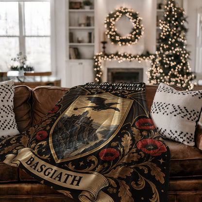 Basgiath Dragon Rider Crest Velveteen Plush Blanket on a couch