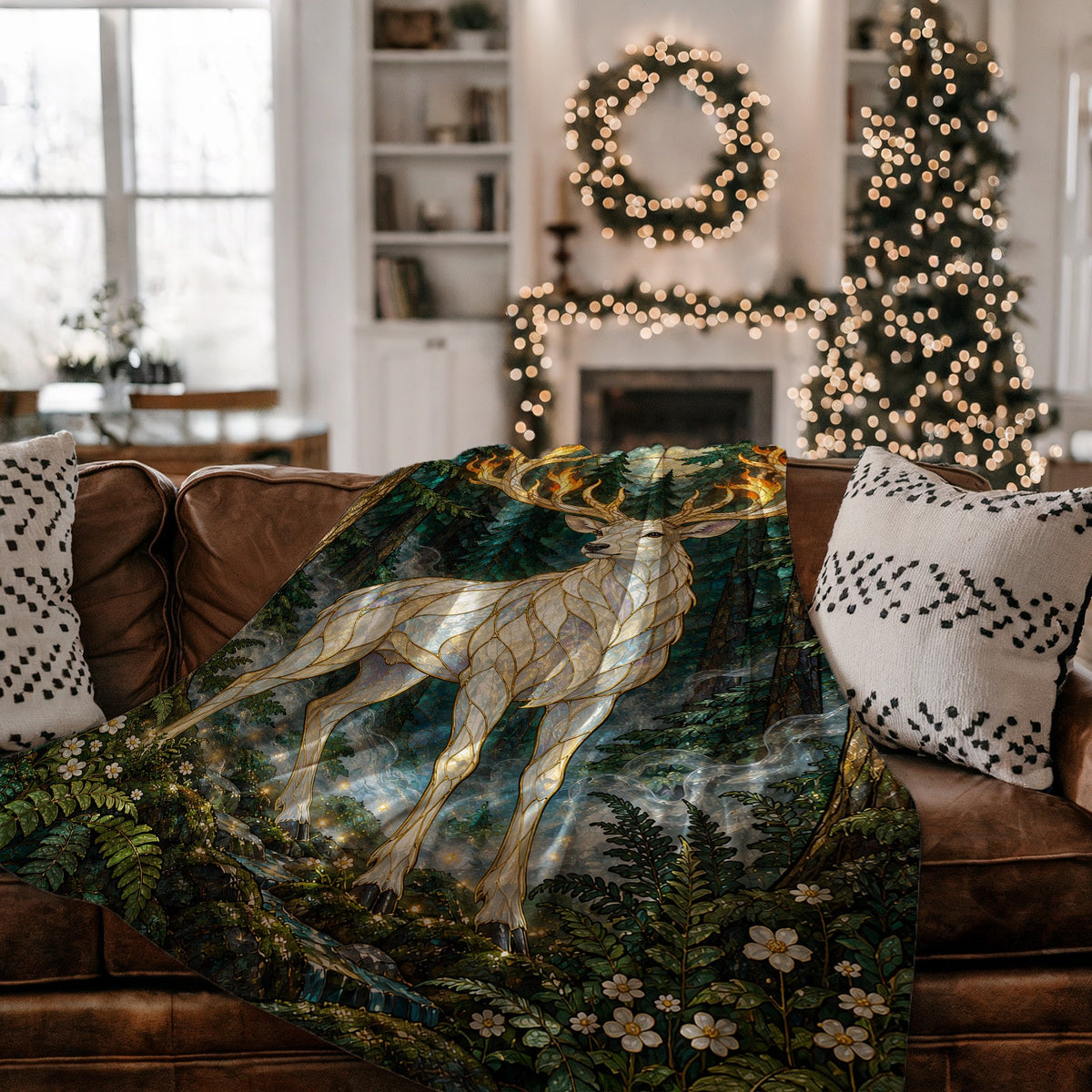 Terrasen Stag Velveteen Plush Blanket on a couch