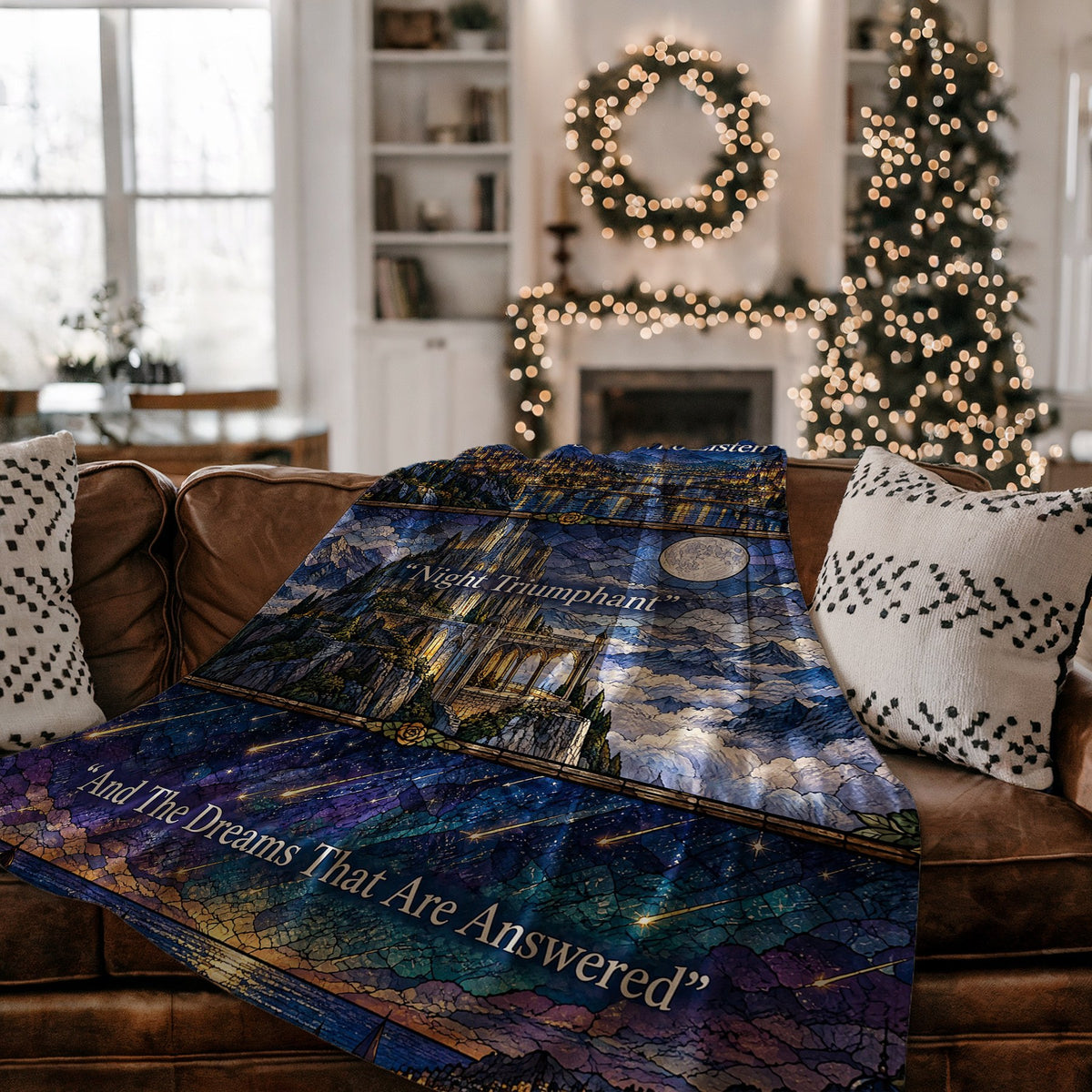 Night Court Stained Glass Velveteen Plush Blanket on a couch