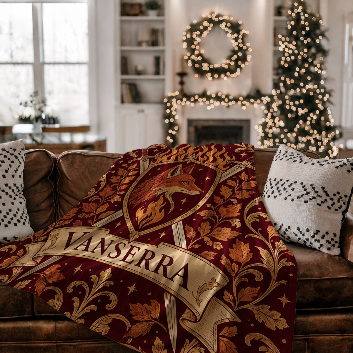 Vanserra Crest Velveteen Plush Blanket on a couch