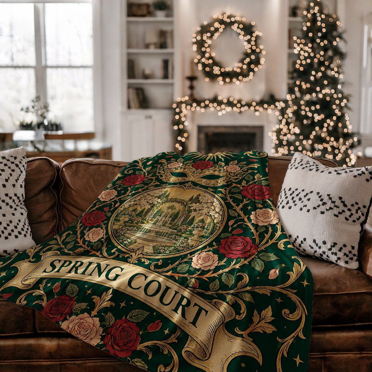 Spring Court Masquerade Crest Velveteen Plush Blanket on a couch