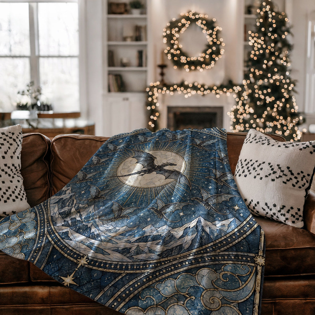 The Thirteen Stained Glass Velveteen Plush Blanket on a couch