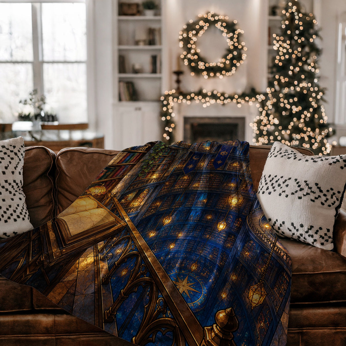 Midnight House of Wind Velveteen Plush Blanket on a couch