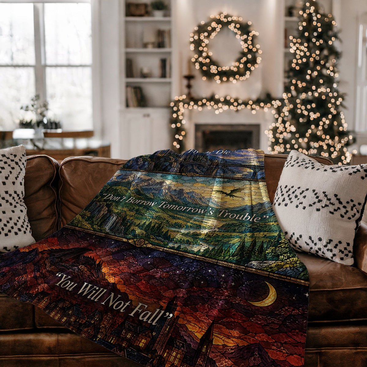 Empyrean Stained Glass Velveteen Plush Blanket on a couch