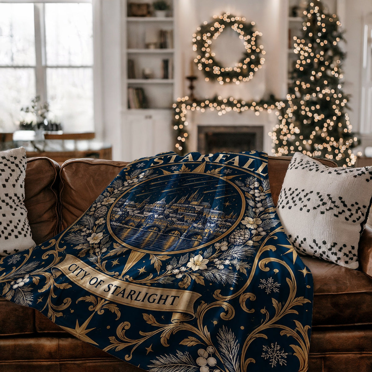 Starfall City of Starlight Crest Velveteen Plush Blanket on a couch