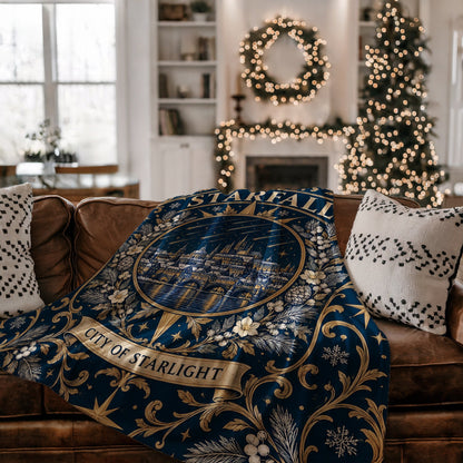 Starfall City of Starlight Crest Velveteen Plush Blanket on a couch