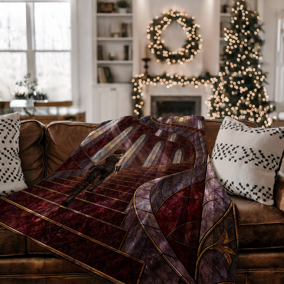Nesta's Staircase Velveteen Plush Blanket on a couch