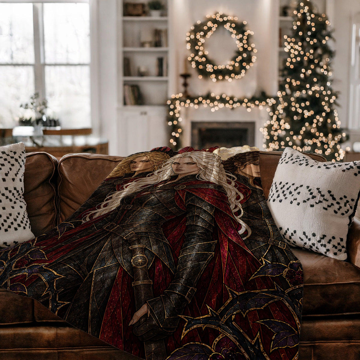 Ice, Fire, and Stone Velveteen Plush Blanket on a couch
