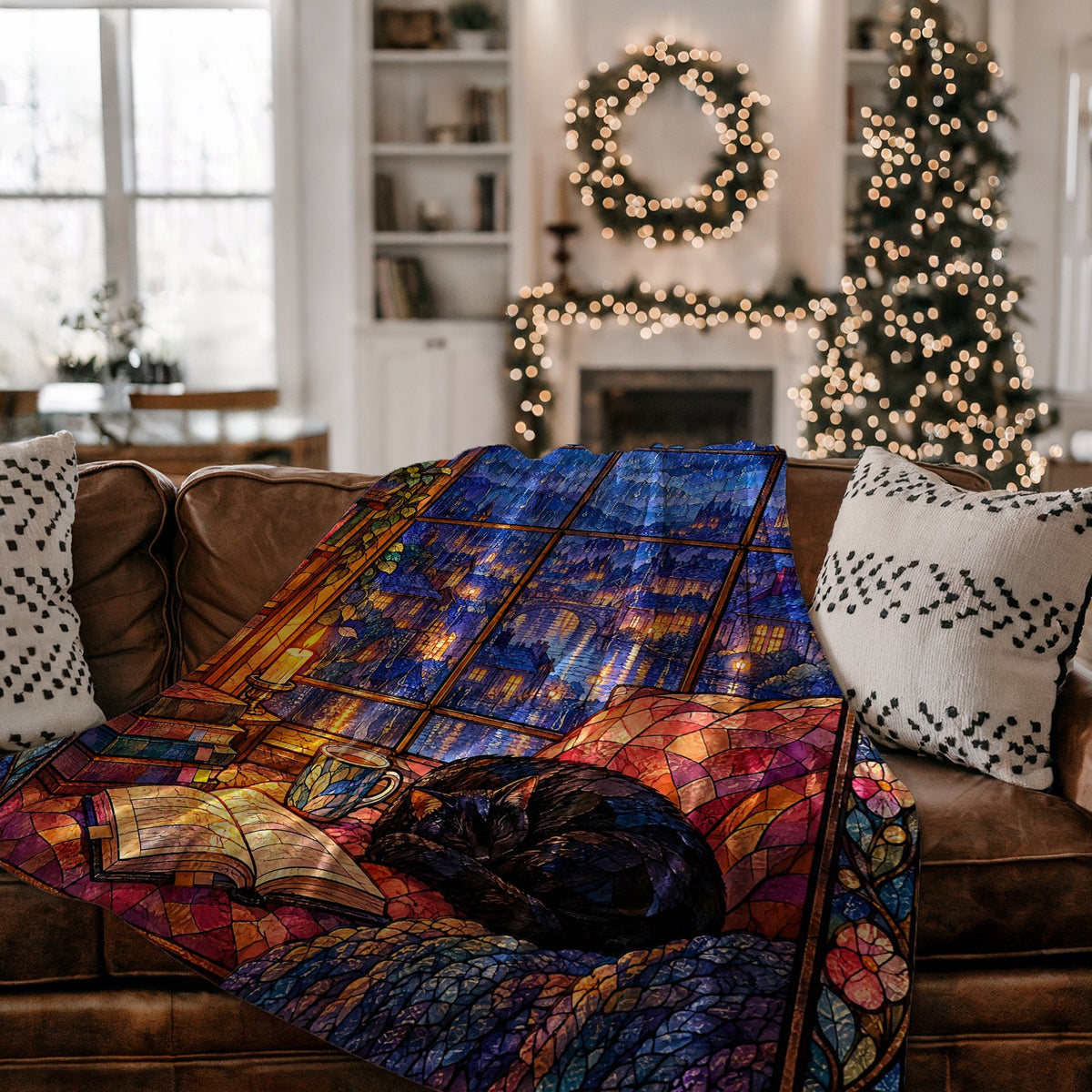 The Reader's Window Stained Glass Velveteen Plush Blanket on a couch