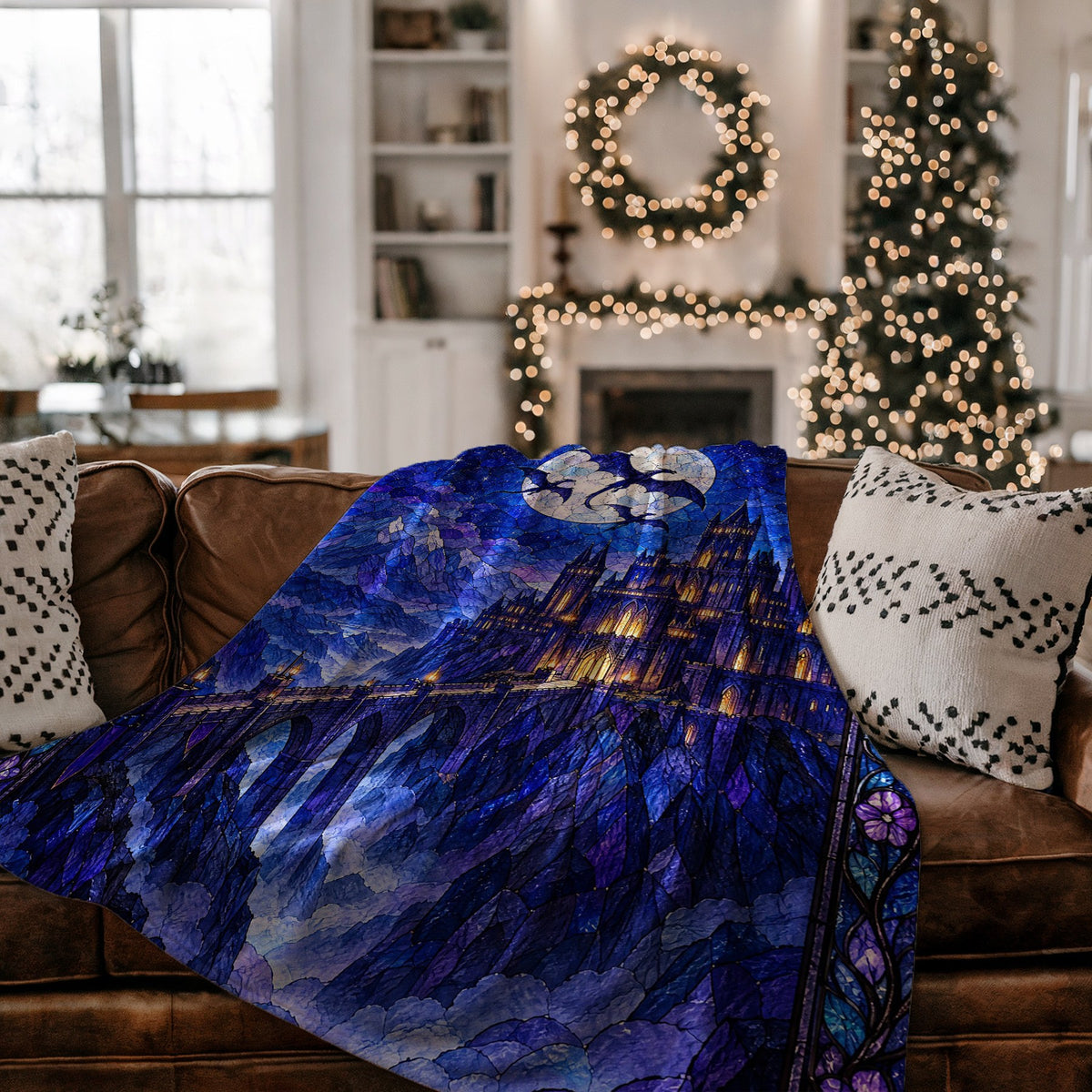 Basgiath by Night Stained Glass Velveteen Plush Blanket on a couch