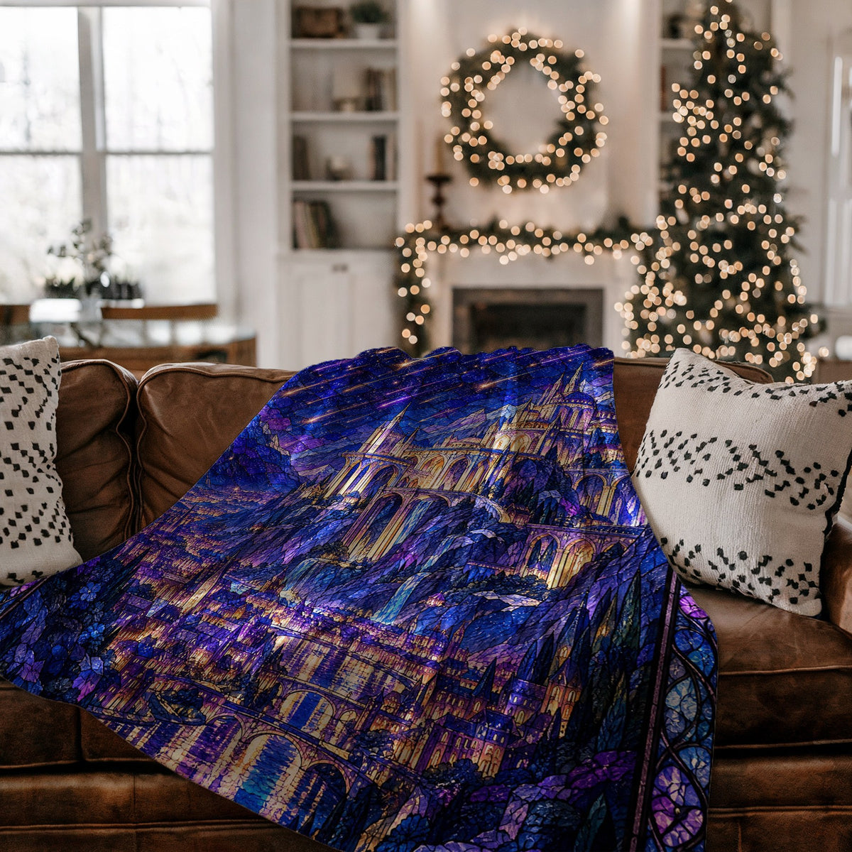Starfall over Velaris Stained Glass Velveteen Plush Blanket on a couch