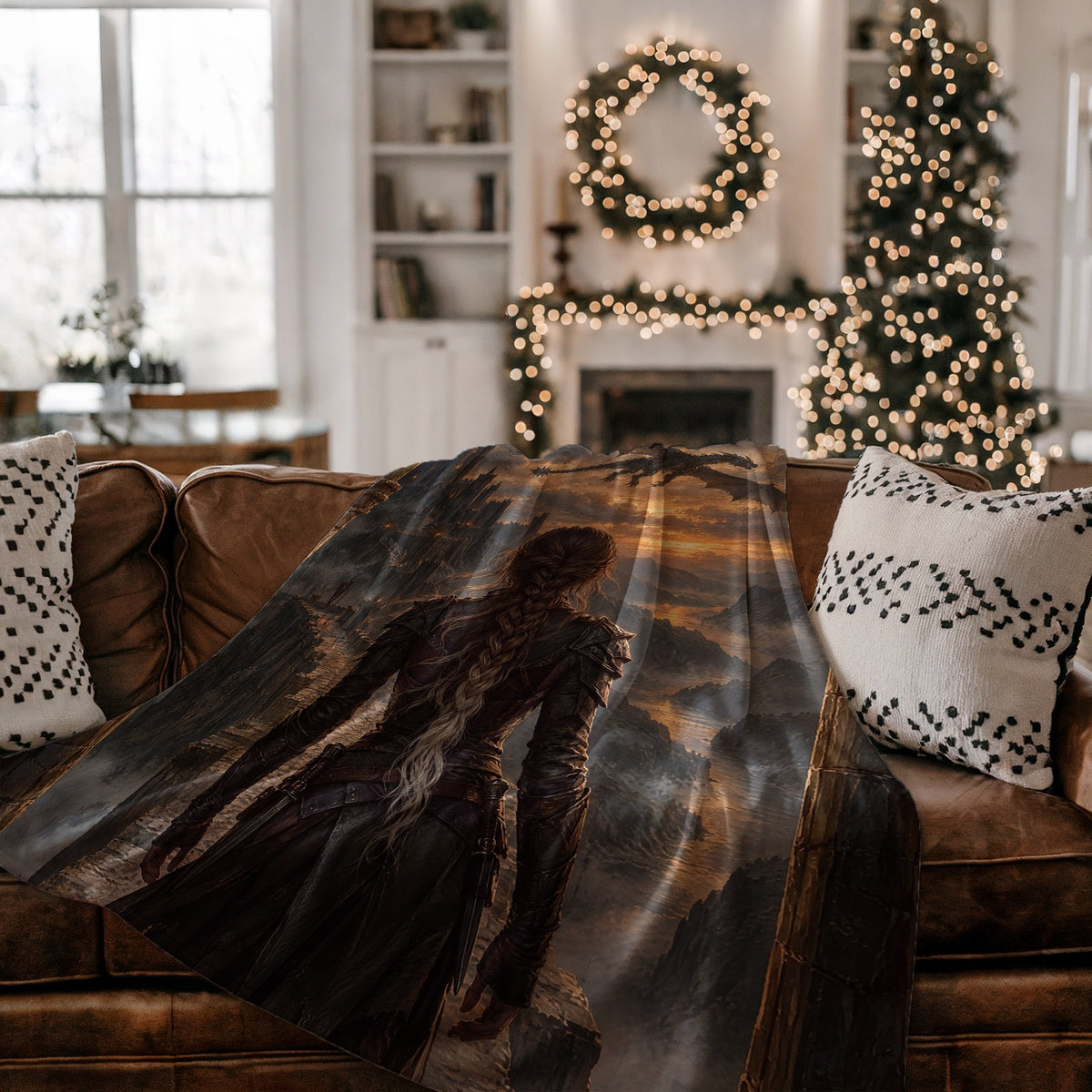 Violet at the Parapet Velveteen Plush Blanket on a couch