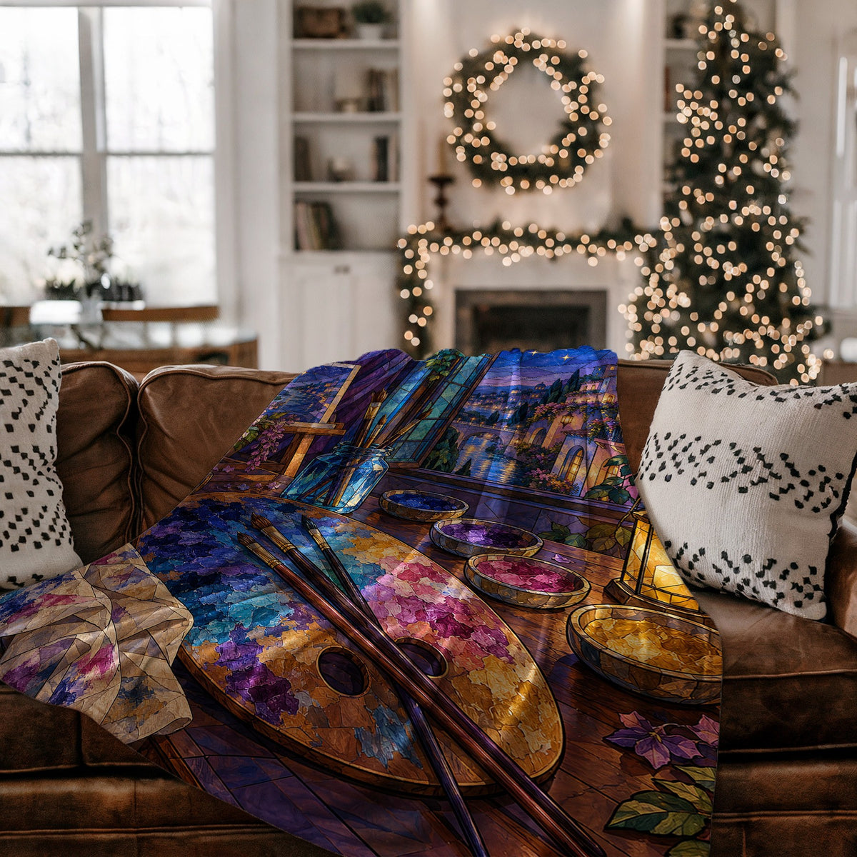 The Rainbow of Velaris Velveteen Plush Blanket on a couch