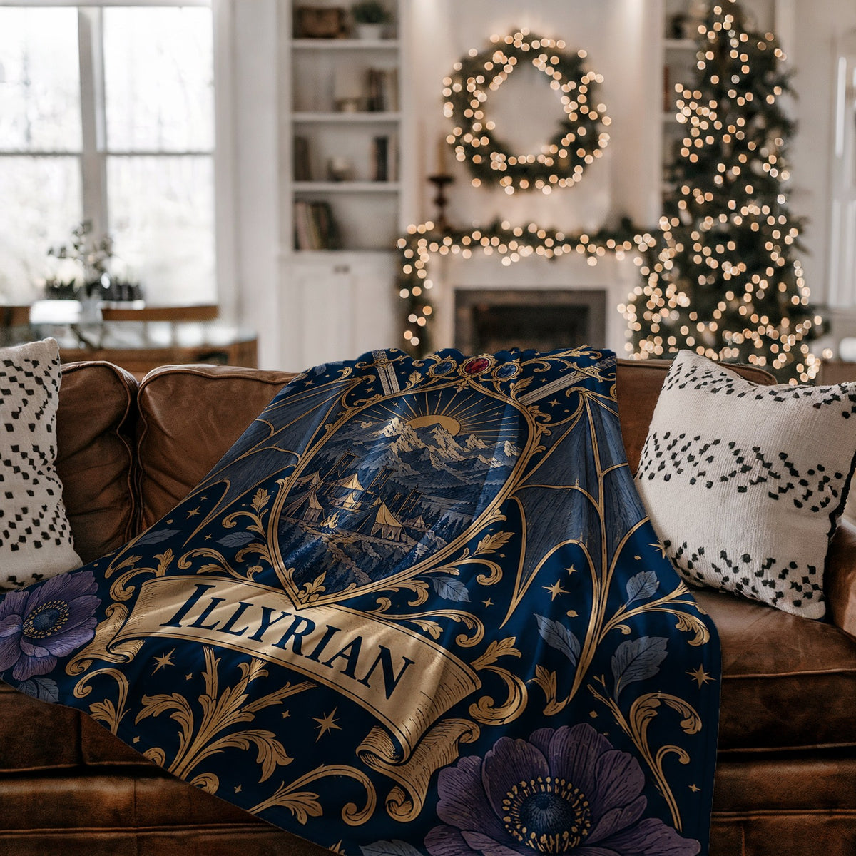 Illyrian Crest Velveteen Plush Blanket on a couch