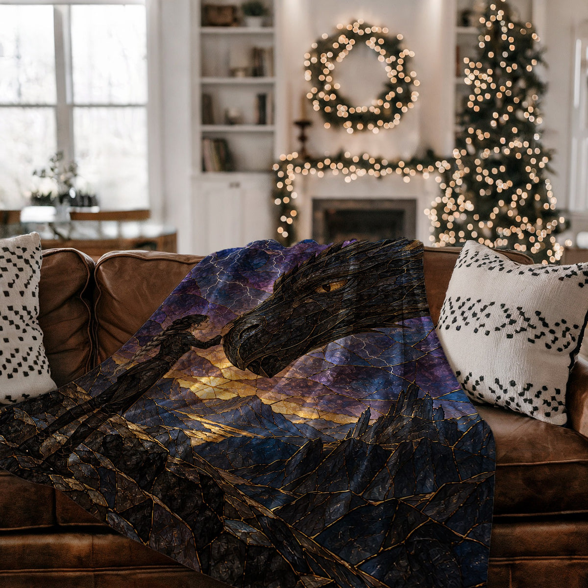 Dragon Rider Velveteen Plush Blanket on a couch