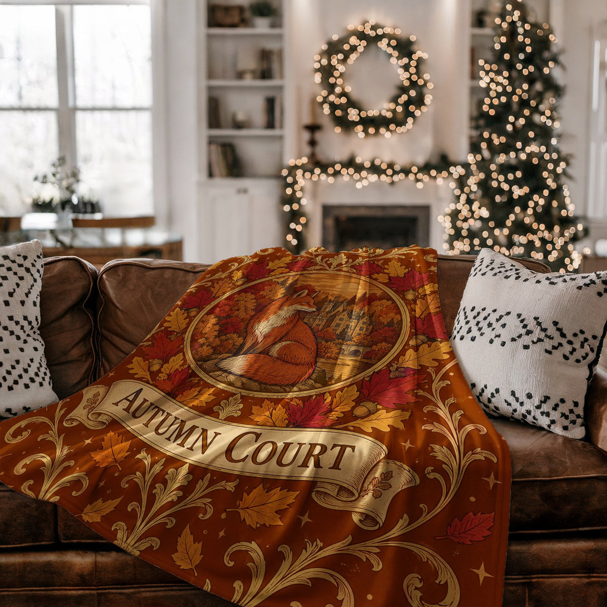 Autumn Court Fox Crest Velveteen Plush Blanket on a couch