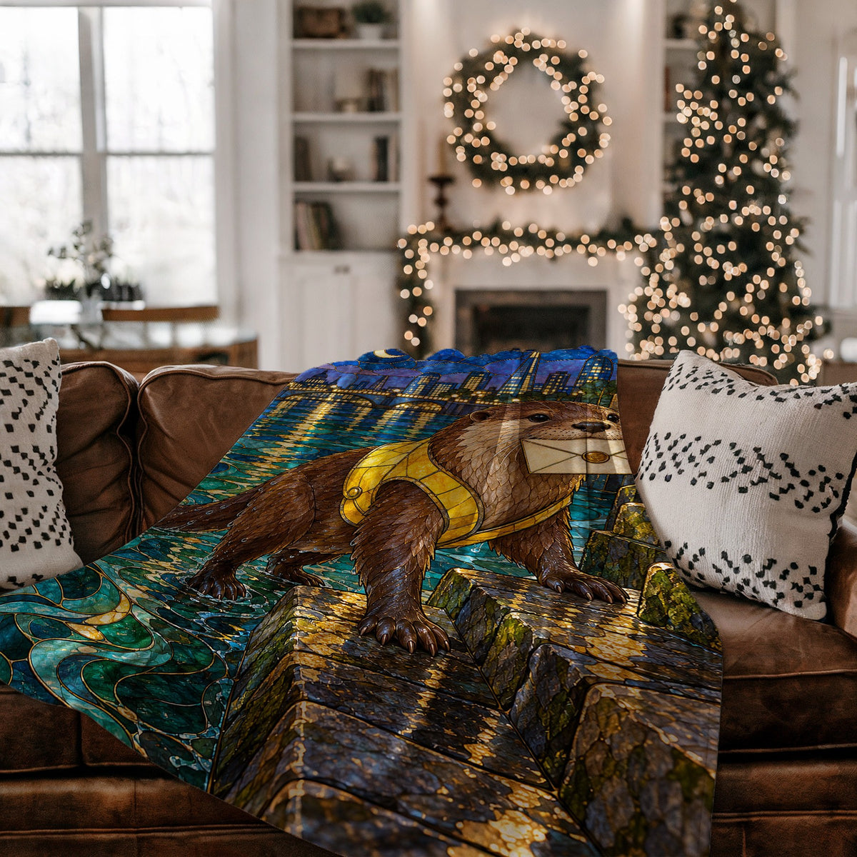 Otter Velveteen Plush Blanket on a couch