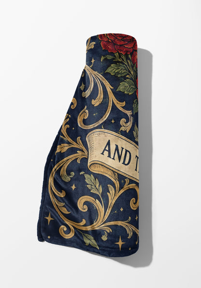 To The Stars Who Listen Rose Crest Velveteen Plush Blanket rolled up
