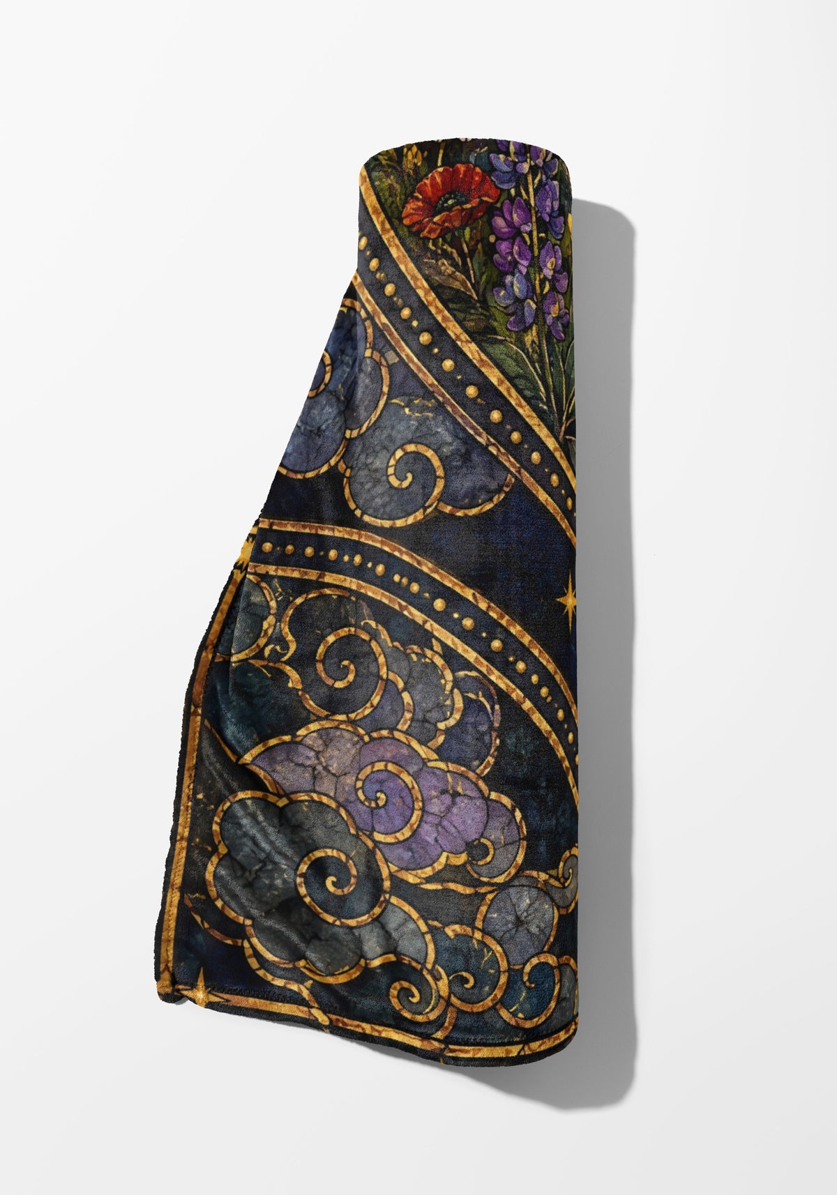 Abraxos in Bloom Stained Glass Velveteen Plush Blanket rolled up