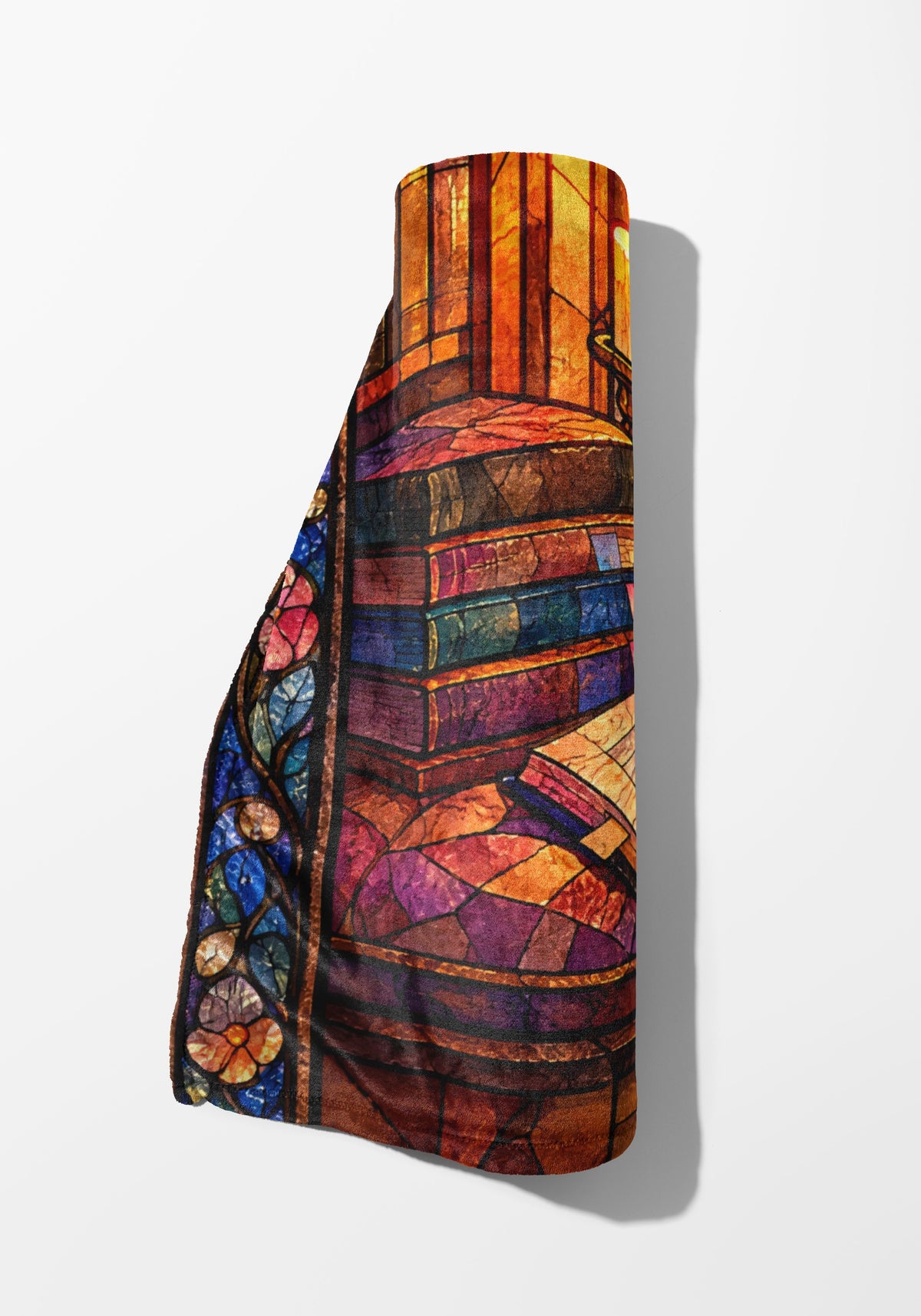 The Reader's Window Stained Glass Velveteen Plush Blanket rolled up