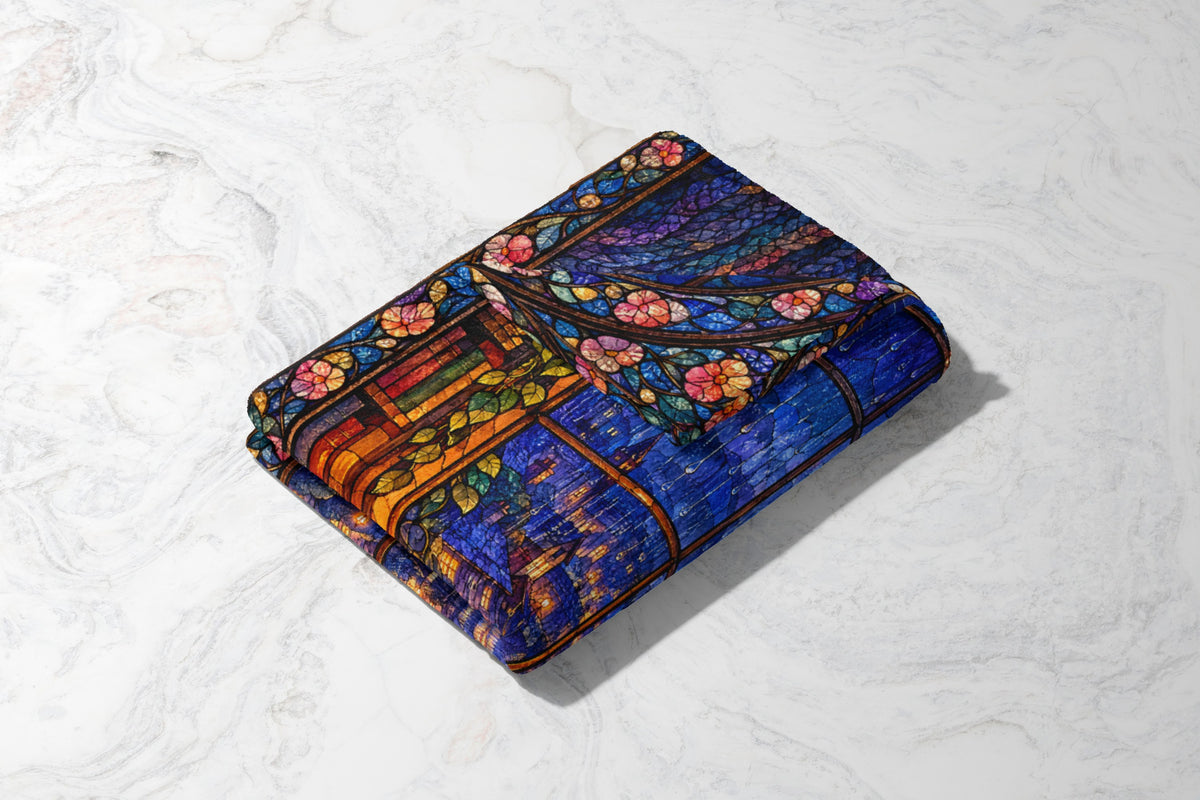 The Reader's Window Stained Glass Velveteen Plush Blanket folded