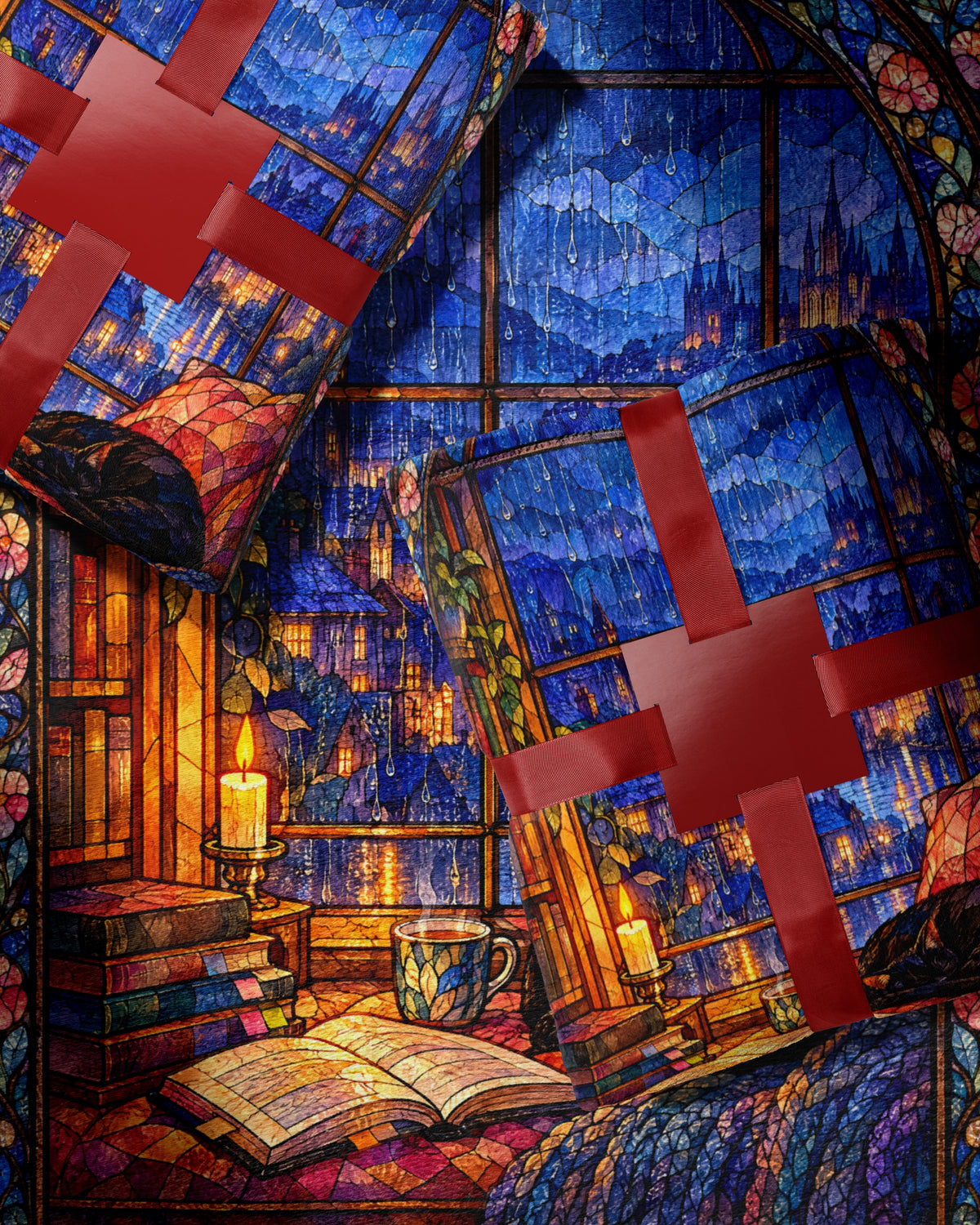 The Reader's Window Stained Glass Velveteen Plush Blanket wrapped as a gift